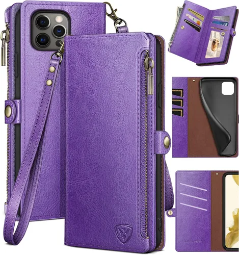 Vista 13 de XcaseBar Funda tipo cartera compatible con iPhone 14 Pro Max de 6.7 pulgadas con cremallera y tarjetero de crédito, bloqueo RFID, funda de piel