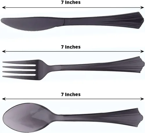 Vista 3 de Efavormart - Juego de 24 cubiertos de plástico transparente negro resistente con mango de punta acampanada, cuchara de tenedor desechable