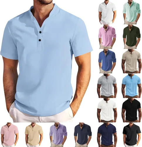 Vista 12 de Camisa de lino para hombre, manga larga, Henley, casual, verano, grande, alta, algodón, ligera, para negocios, trabajo, vacaciones, crucero
