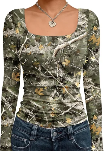 Vista 17 de Trendy Queen - Camisas ombligueras para mujer, manga larga, cuello cuadrado, básicas, para salir, de invierno, Y2K Albaricoque