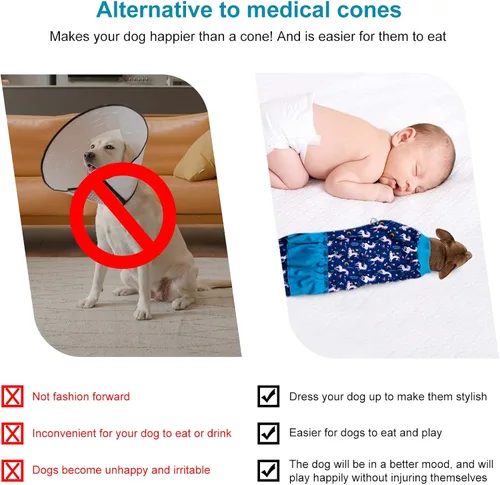Vista 6 de LovinPet Pijamas Grandes para Perros – Camisa de unicornio para perro, mameluco de recuperación poscirugía, sirenas y unicornios estampado Azul