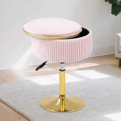 Vista 9 de Taburete de tocador ajustable con almacenamiento, silla taburete de maquillaje giratorio de 360°, otomana redonda pequeña de terciopelo con base