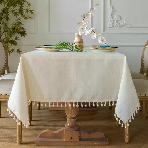 Vista 4 de Mantel rectangular de lino beige crema para comedor y cocina, mantel rectangular de arpillera de lino con borlas, resistente, rústico, campestre