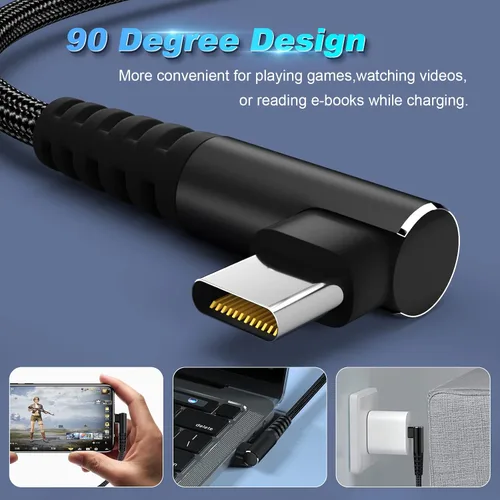Vista 13 de Cable USB C a USB C de 100 W, 1 pie de 90 grados, nailon trenzado de carga