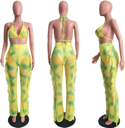 Vista 3 de Ophestin Conjunto de 2 piezas de traje de baño de 2 piezas para mujer, sexy, con cuello halter, traslúcido