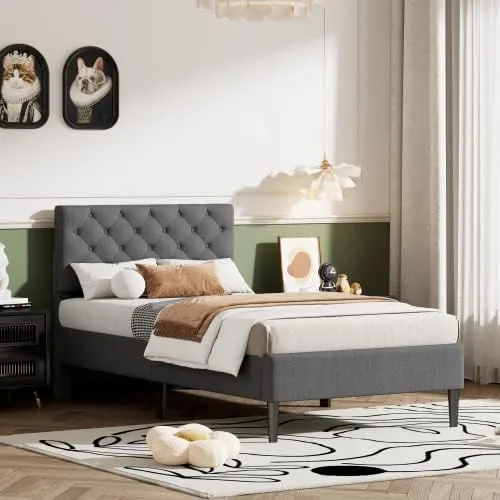 Vista 3 de Marco de cama de plataforma de tamaño individual, marco de cama tapizado de lino de diseño moderno con cabecera copetuda, cama de almacenamiento