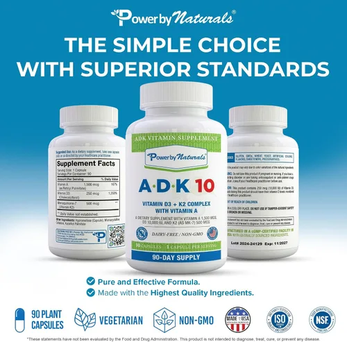 Vista 6 de Power By Naturals ADK 10 - Vitamina A de alta potencia, D3 10000 IU, suplemento K2 MK7 – 90 pastillas (1 unidad) para 3 meses de apoyo a la salud