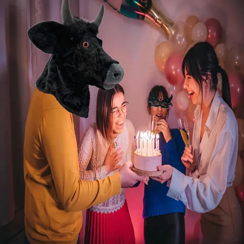 Vista 6 de Máscara de toro, cuerno de buey, boca aterradora, mandíbula en movimiento, vaca, traje de animal realista, disfraz peludo para Halloween, mascarada