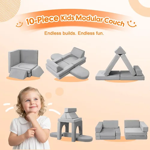 Vista 5 de MeMoreCool Sofá modular para niños, juego de sofá de escalada de espuma de 10 piezas para edades de 2 a 6 años, construcción creativa de fortalezas