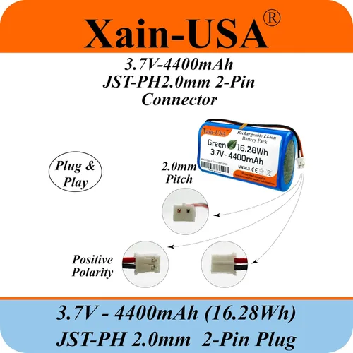 Vista 4 de Paquete de 1 batería de iones de litio de 3.7V 4400mAh con conector JST‑PH de 2 pines para electrónica, luces LED, juguetes, GPS y nodos solares