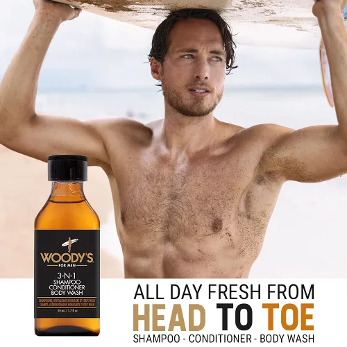 Vista 3 de Woody's Champú, acondicionador y gel de baño 3 en 1 para hombre, tamaño de viaje, limpiador refrescante multiusos esencial de aseo personal, 1.7