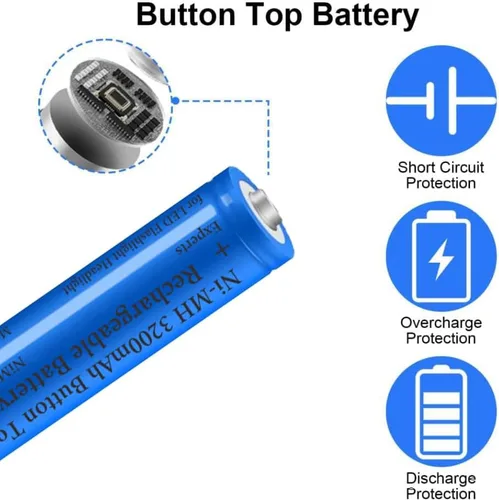 Vista 3 de Paquete de 2 baterías Ni-MH recargables de 3200 mAh, baterías NiMH con botón superior, batería de alta capacidad para linterna LED, faro, cámara
