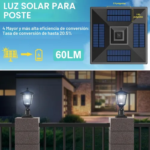 Vista 2 de Luces Solares para Postes, Lámpara Solar de Poste de 6000K de Anochecer a Amanecer con Base de Montaje para Poste, Luces Solares para Postes