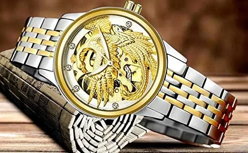 Vista 3 de carlien Reloj de vestir automático de acero inoxidable con cristal de dragón fénix para pareja