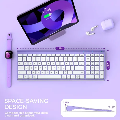 Vista 9 de iClever Teclado Bluetooth BK10 Escritura silenciosa Multidispositivo USB-C Recargable - Teclado inalámbrico delgado para Mac Windows iPad Office