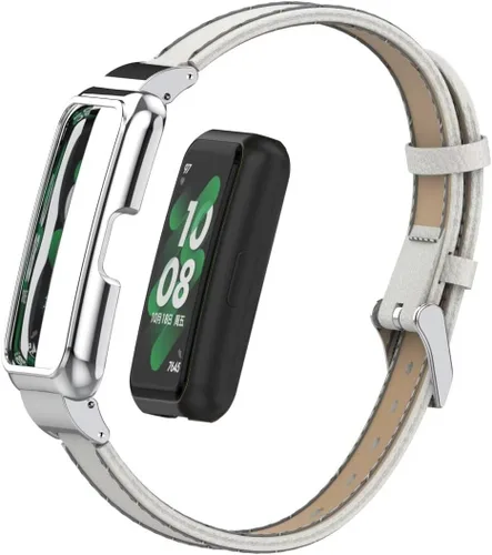 Vista 8 de Bandas compatibles con Huawei Band 10/9/8/7, accesorios de correa de repuesto de cuero con marco de metal para Huawei Band 7/8/9/10 Negro
