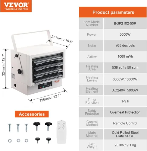 Vista 7 de VEVOR Calentador Eléctrico para Garaje de 5000W, Montaje Digital de Pared/Techo con Ventilador Forzado y Control Remoto, Temporizador de 9 Horas