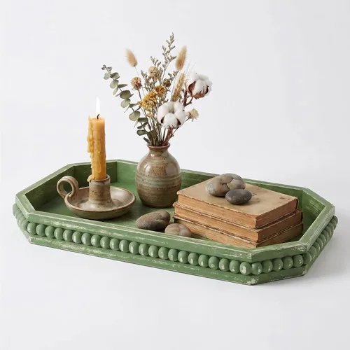 Vista 13 de Hrastany Bandeja de Servir Rústica de Madera con Cuentas, Bandeja Decorativa de Granja en Negro para Centro de Mesa, Decoración Navideña de Boda