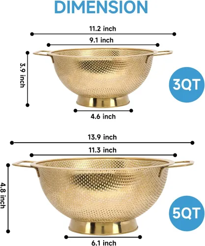 Vista 3 de Colador dorado para cocina, 3 cuartos de galón, colador de acero inoxidable con asa para frutas, verduras, cocinar alimentos, apto para lavavajillas