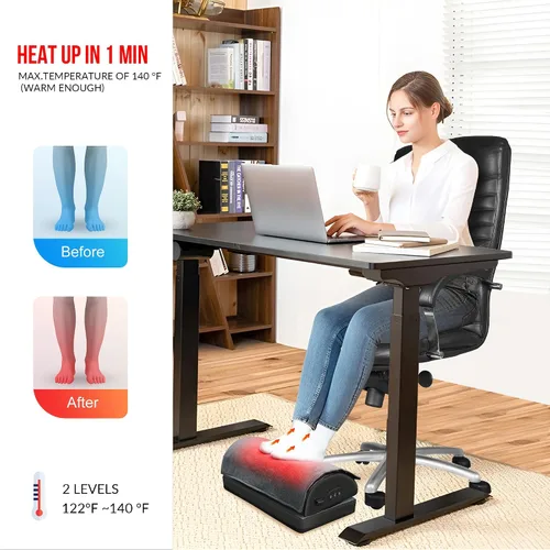 Vista 3 de Reposapiés con calefacción debajo del escritorio en el trabajo, reposapiés ergonómico con masaje vibratorio y altura ajustable, calentador de pies