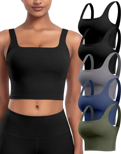 Vista 16 de Sujetadores deportivos para mujer, paquete de 5 unidades, cuello cuadrado, camiseta corta sin mangas acolchada para yoga con almohadillas integradas