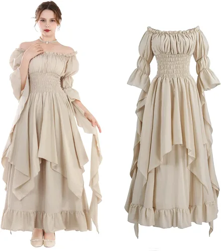 Vista 2 de Vestido renacentista para mujer, vestido victoriano, vestido de novia de Beige
