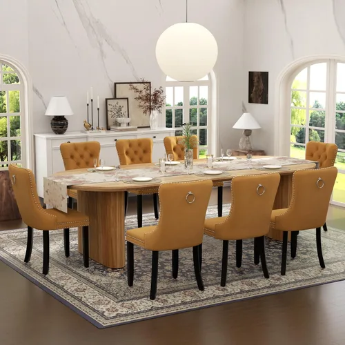 Vista 43 de Juego de mesa de comedor ovalada extensible con 4 sillas tapizadas de terciopelo de alta gama, mesa de cocina de 59 a 91 pulgadas y sillas