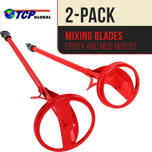 Vista 2 de TCP Global Accesorio mezclador de pintura (juego de 2) – Mezclador de paletas de taladro de 15.5 y 14 pulgadas con ejes hexagonales de 3/8 y 5/16