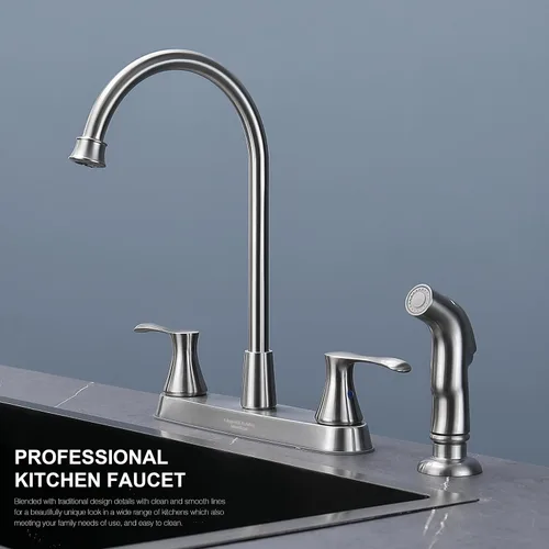 Vista 2 de Grifo de Cocina KirlystonE con Pulverizador Lateral, Grifo de 2 Manijas de Níquel Cepillado para Fregadero de Cocina de 4 Agujeros