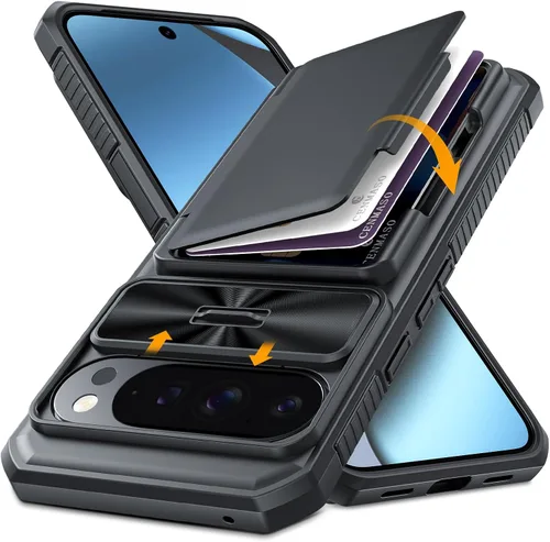 Vista 26 de CENMASO - Funda para Google Pixel 9 Pro XL con tarjetero (4 tarjetas), funda deslizante para cámara y función atril, bloqueo RFID, protección