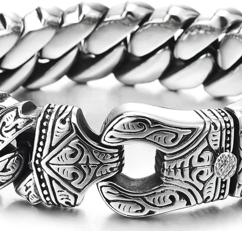 Vista 3 de COOLSTEELANDBEYOND Pulsera de acero para hombre con diseño de tatuaje tribal, estilo retro, masculino