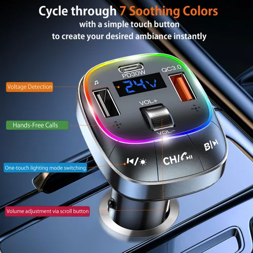 Vista 4 de Redroman Adaptador de coche USB C Bluetooth 5.4 para llamadas manos libres y carga rápida de 48 W, transmisor FM inalámbrico receptor de audio