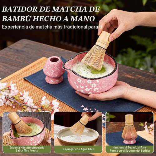 Vista 5 de Juego de Batidores de Matcha, 7 Piezas Juegos de Matcha de Cerámica con Cuenco, Batidor de Bambú y Soporte, Toalla, Tamiz, Cuchara de Bambú