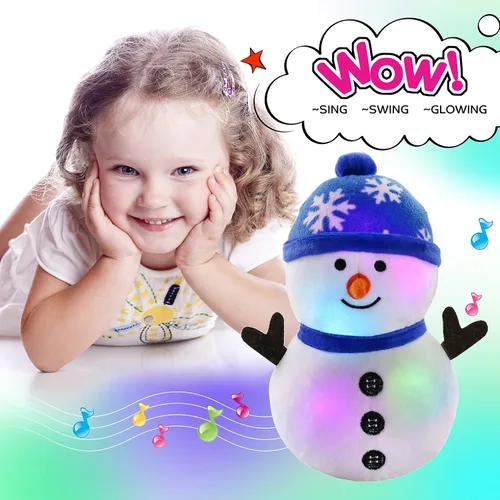 Vista 6 de BSTAOFY Muñeco de nieve musical con luces LED, animal de peluche navideño que se ilumina, juguete de peluche suave y adorable que canta, compañeros