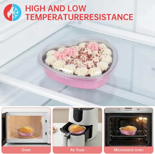 Vista 4 de Juego de 15 moldes para pasteles en forma de corazón con tapas, mini recipientes desechables de papel de aluminio para cupcakes de 22.7 onzas