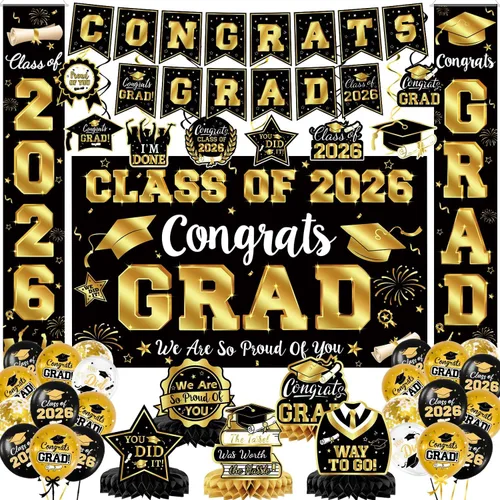 Vista 21 de Decoraciones de graduación 2026, juego de decoraciones de graduación rojo y negro con pancarta y telón de fondo de felicitaciones, letrero