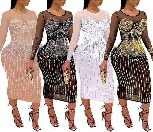 Vista 4 de PORRCEY - Vestido de noche sexy con manga larga y diamantes de imitación para mujer, fiestas y discotecas