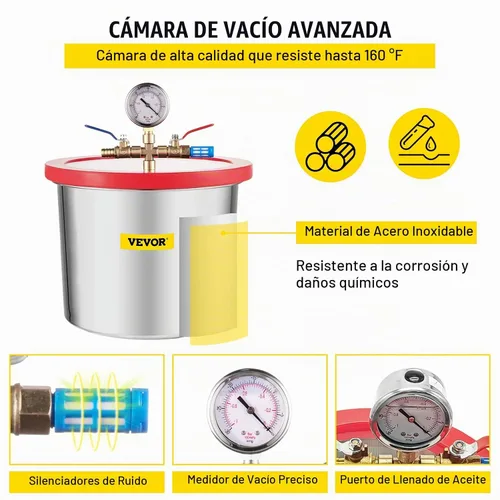 Vista 6 de VEVOR Cámara de vacío con bomba, bomba de vacío de 4CFM 1/3HP con cámara de vacío de alta capacidad de 2 galones, kit de cámara de bomba de vacío