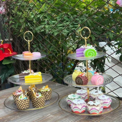 Vista 6 de RAUVOLFIA Soporte para cupcakes de 3 niveles, soporte pequeño para tartas, soporte de postre de plástico transparente, bandeja para servir pasteles
