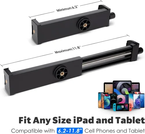 Vista 2 de Adaptador de montaje de trípode para iPad con cabeza esférica, soporte universal de abrazadera giratoria 360 con control remoto Bluetooth para iPad