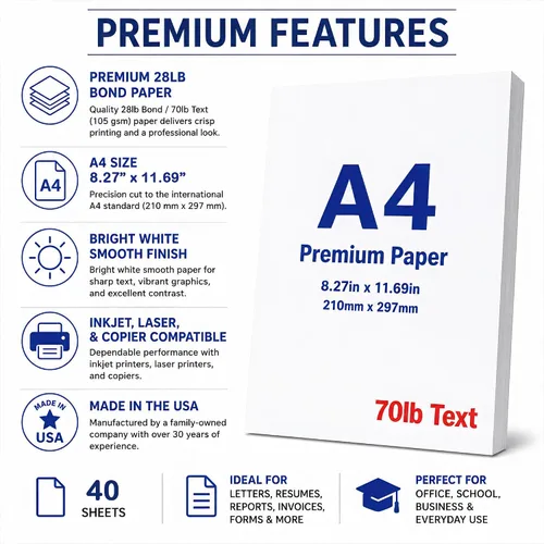 Vista 3 de Papel para impresora A4 premium (8.3" x 11.7") - Bond de 28 lb / Texto de 70 lb (105 gsm) - Papel blanco brillante (40 hojas)