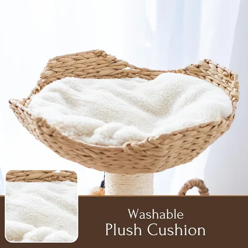 Vista 7 de Petpals Cama nido de cuerda de papel tejida a mano de 28 pulgadas de alto y cesta grande tejida a mano con cojines lavables, poste rascador de sisal