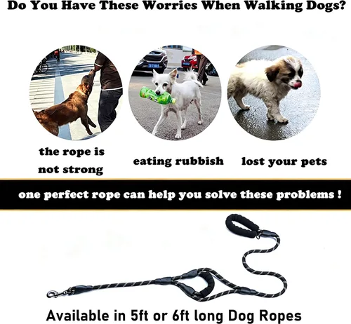 Vista 3 de Love Dream Correa para perro de 5 pies de largo con 2 cómodas asas acolchadas, hilos reflectantes con doble asa para control de seguridad, correa