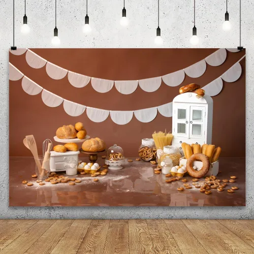 Vista 2 de YongFoto Fondo de Mesa de Panadería para Hornear 5x3 pies Pan Dona Galleta Gabinete Blanco Fondo de Fotografía Niño Niña Cake Smash Cumpleaños Baby