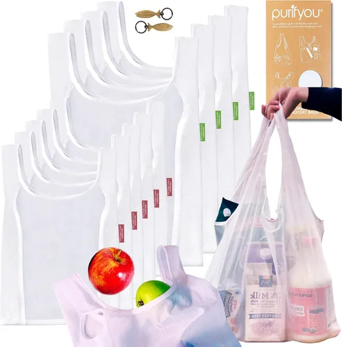 Vista 9 de purifyou Juego de 9 bolsas reutilizables de algodón orgánico – Malla de doble costura resistente, sin blanquear, cierre de cordón – 2 XL (12 x 20)