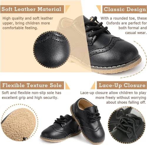 Vista 2 de Zapatos Oxford de piel sintética para niños y niñas, zapatos de vestir de boda para niños pequeños, con cordones, suela de textura antideslizante