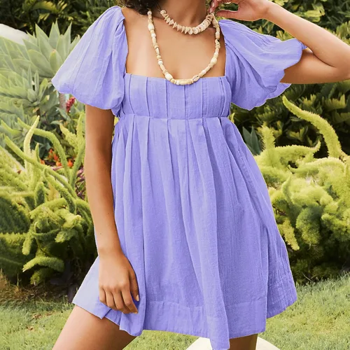 Vista 2 de Vestido casual de verano para mujer, estilo babydoll con mangas abombadas, detalles plisados y mini vestido con lazo en la espalda