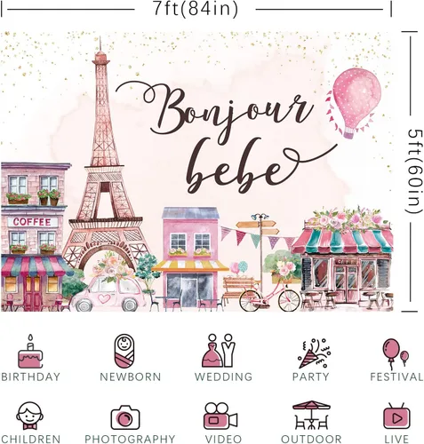 Vista 6 de Telón de fondo de la Torre Eiffel de París, vista de la ciudad francesa, tienda de flores de calle, fondo de fotografía de ensueño, cartel de baby