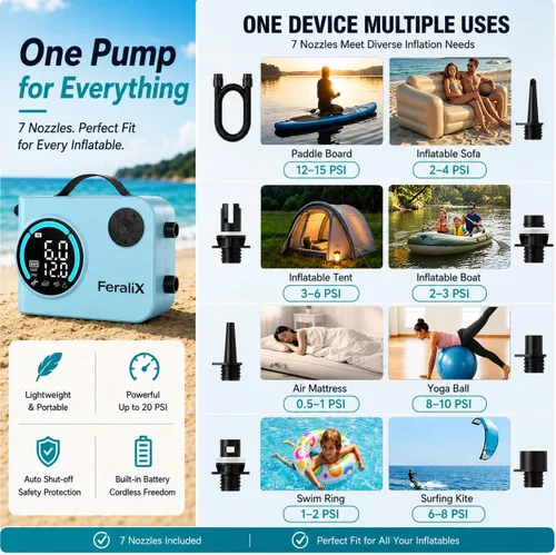 Vista 6 de Bomba eléctrica para tabla de remo, compresor de aire SUP recargable de 20 PSI con apagado automático, inflado y desinflado de doble etapa