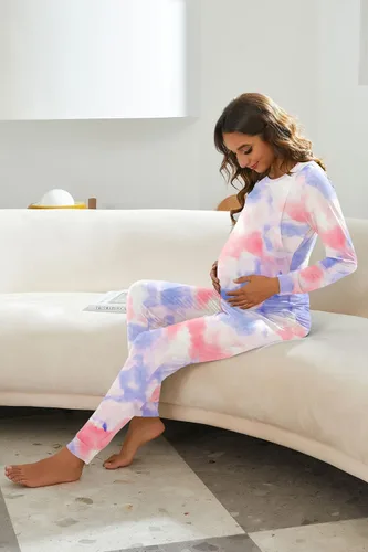 Vista 5 de Ekouaer Conjunto de pijama de lactancia de manga larga, ropa de dormir de maternidad para el parto, ropa interior térmica para lactancia materna